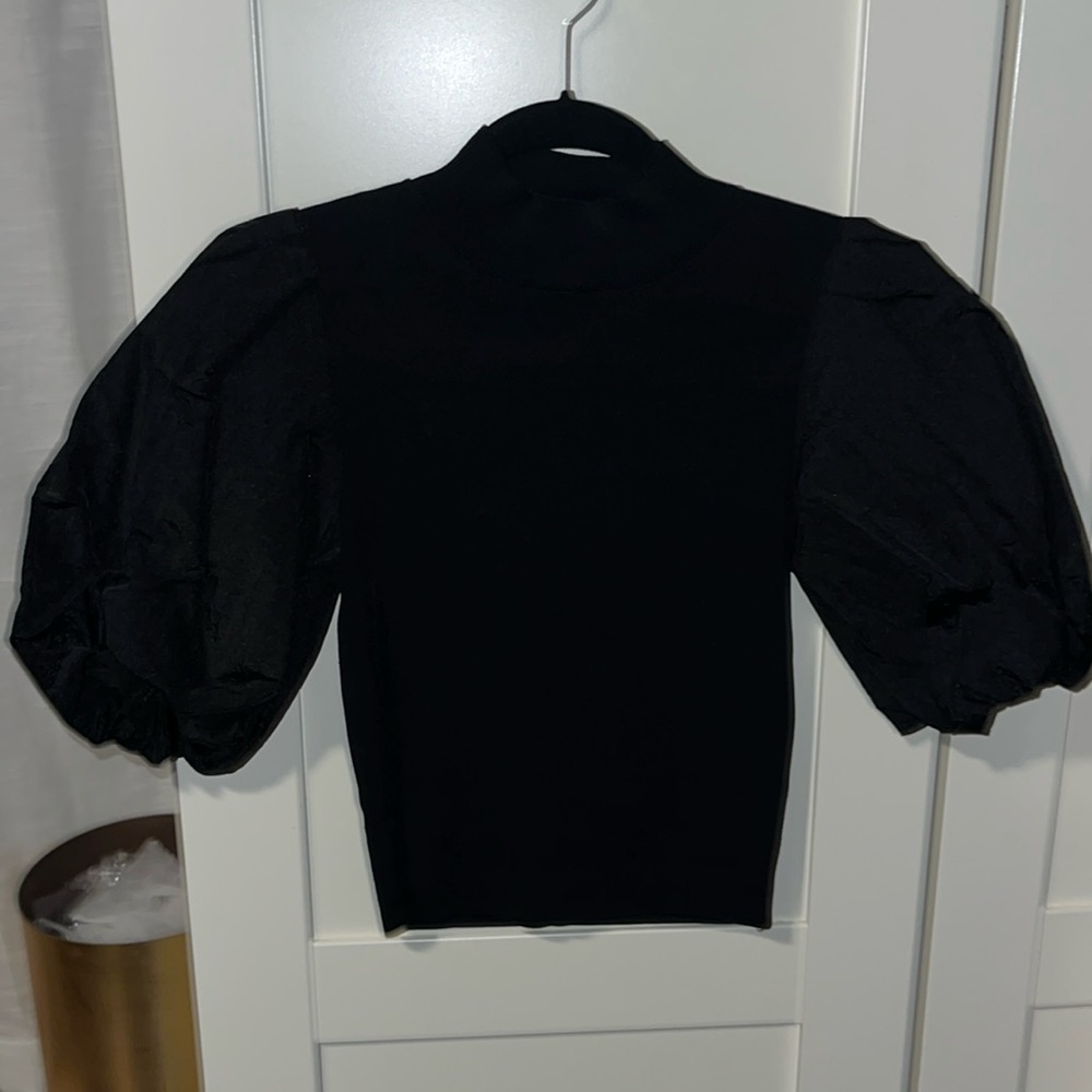 zara knit top with satin puff sleeve